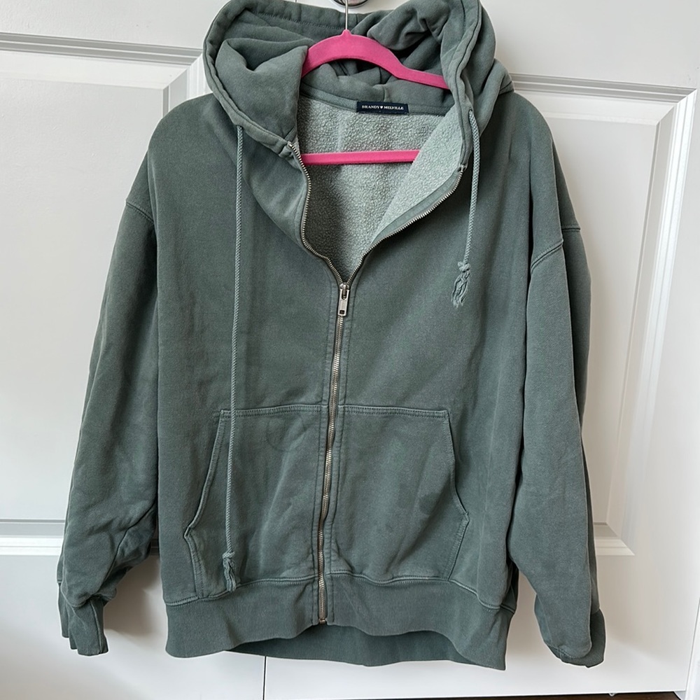 Brandy Melville Large Zip Up Green Sweater Size Large